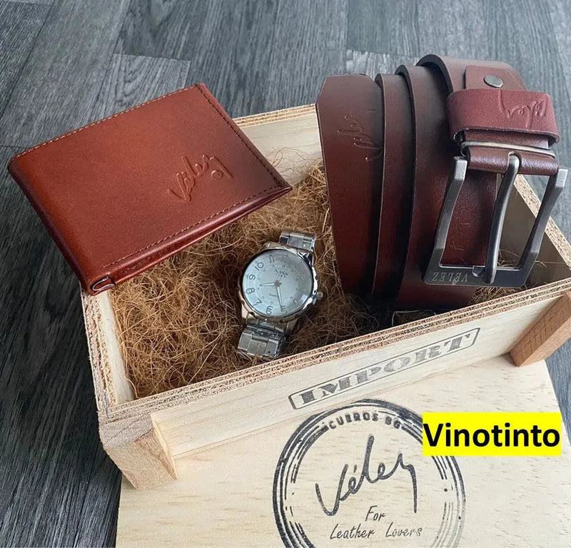 Super Combo Vélez: Cartera Sintética + Cinturón de Cuero Genuino y Llévate un Reloj de Regalo en caja de MDF - Tienda Del Rey