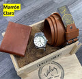 Super Combo Vélez: Cartera Sintética + Cinturón de Cuero Genuino y Llévate un Reloj de Regalo en caja de MDF - Tienda Del Rey