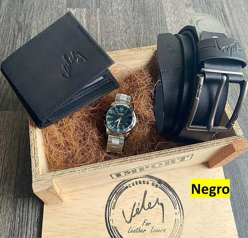 Super Combo Vélez: Cartera Sintética + Cinturón de Cuero Genuino y Llévate un Reloj de Regalo en caja de MDF - Tienda Del Rey
